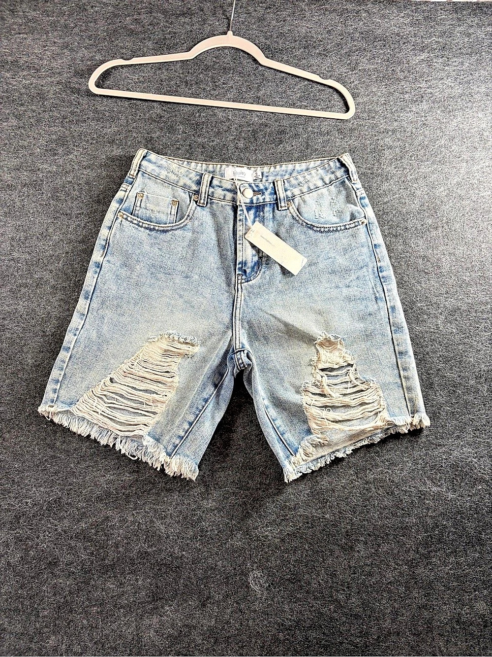 Bluivy Frayed Hem Distressed Denim Shorts Blue Small NWT